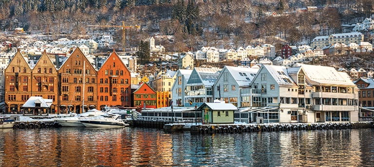 Bergen's waterfront in the snow, Norway